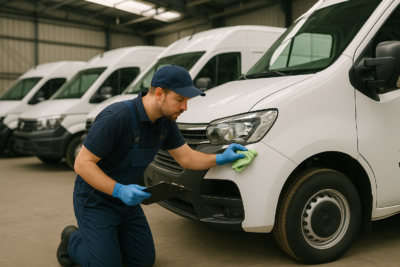 Homem uniformizado com luvas azuis e boné inspeciona e limpa a lataria dianteira de uma van branca em uma garagem de frotas. Ele segura um pano de microfibra verde e uma prancheta, enquanto outras vans alinhadas ao fundo completam o cenário industrial iluminado naturalmente.