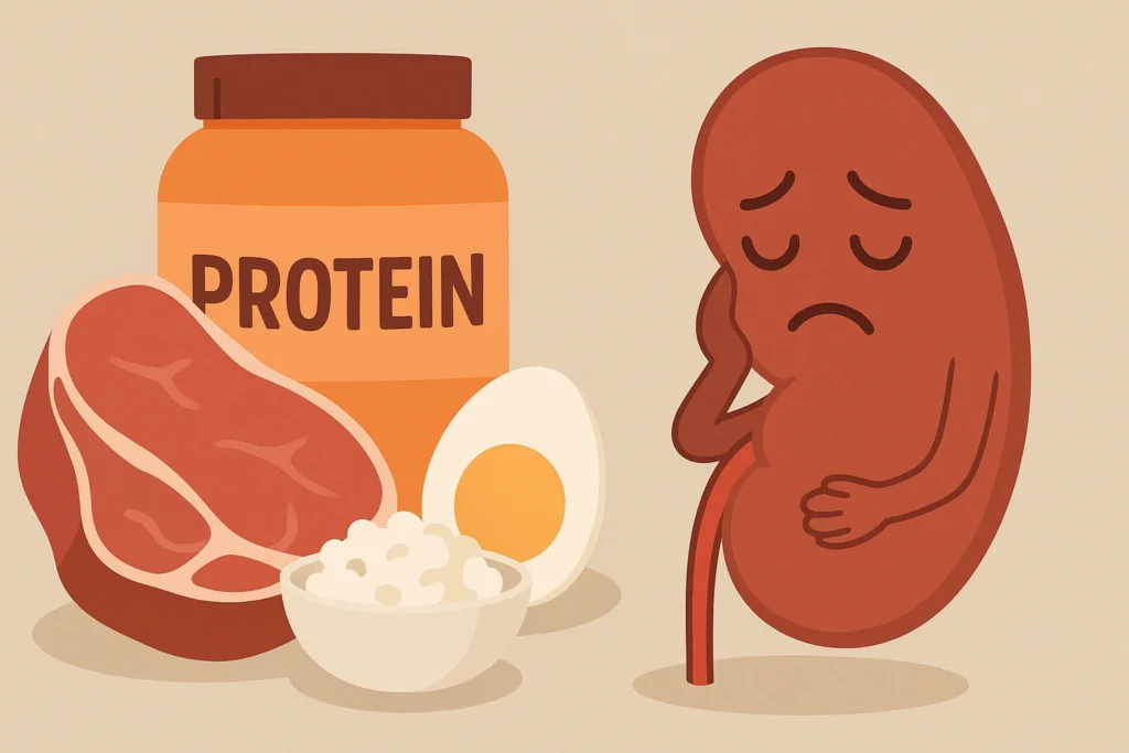 Ilustração mostrando alimentos ricos em proteína como carne, ovo e suplemento ao lado de um rim com expressão triste, simbolizando o impacto do consumo excessivo de proteína nos rins.