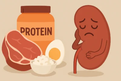 Ilustração mostrando alimentos ricos em proteína como carne, ovo e suplemento ao lado de um rim com expressão triste, simbolizando o impacto do consumo excessivo de proteína nos rins.