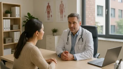 Médico atendendo paciente em um consultório climatizado e moderno, com luz natural e ambiente profissiona